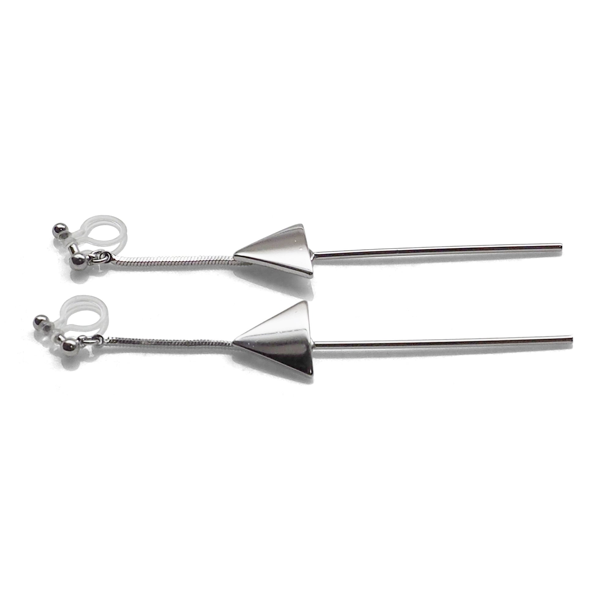 Dangle silver threader with triangle charm invisible clip on earrings - miyabigracejewelry.com