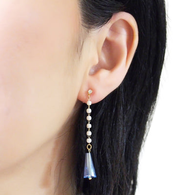 Dangle white pearl with triangle blue crystal invisible clip on earrings - miyabigracejewelry.com