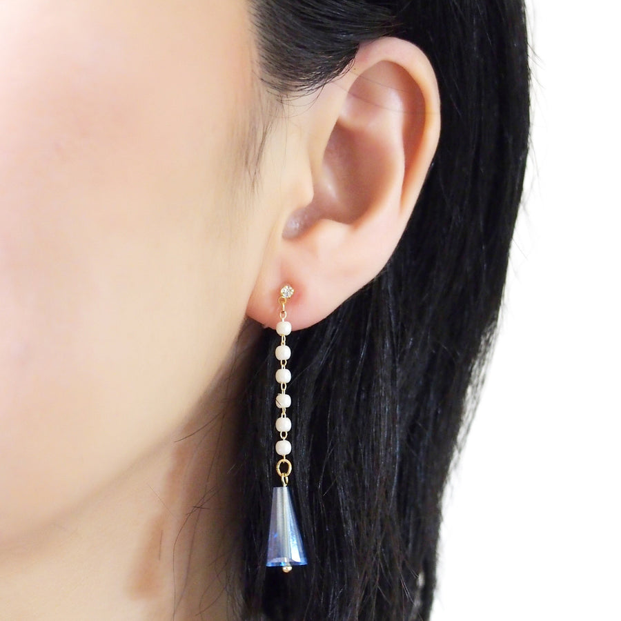 Dangle white pearl with triangle blue crystal invisible clip on earrings - miyabigracejewelry.com