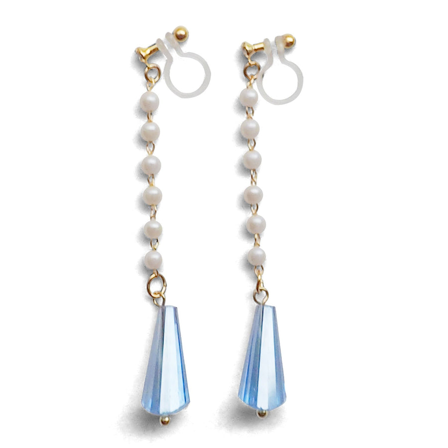 Dangle white pearl with triangle blue crystal invisible clip on earrings - miyabigracejewelry.com