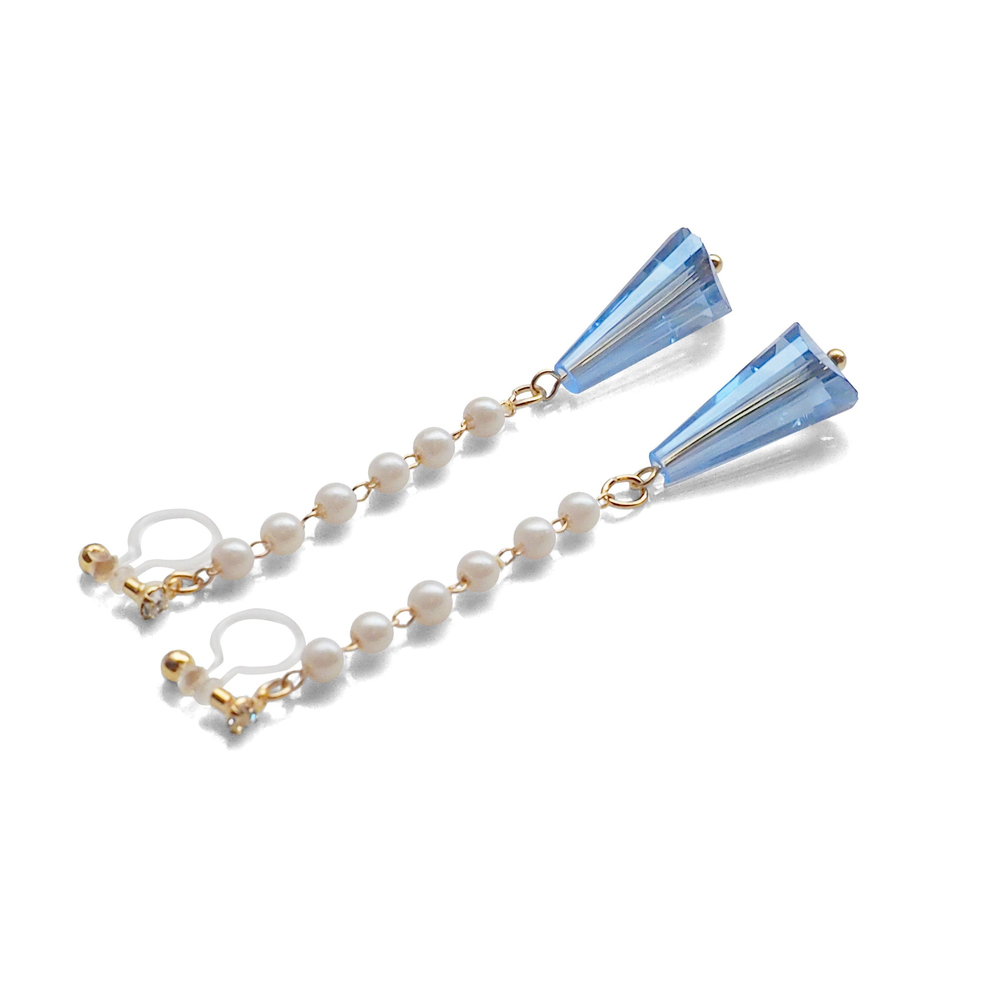 Dangle white pearl with triangle blue crystal invisible clip on earrings - miyabigracejewelry.com