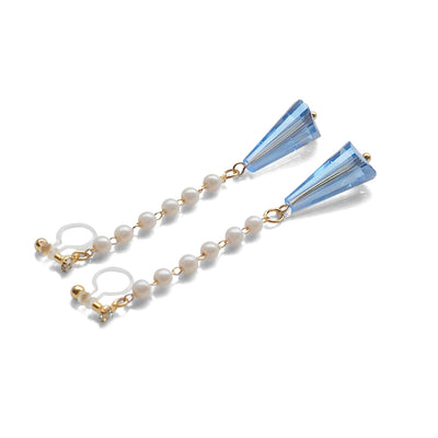Dangle white pearl with triangle blue crystal invisible clip on earrings - miyabigracejewelry.com