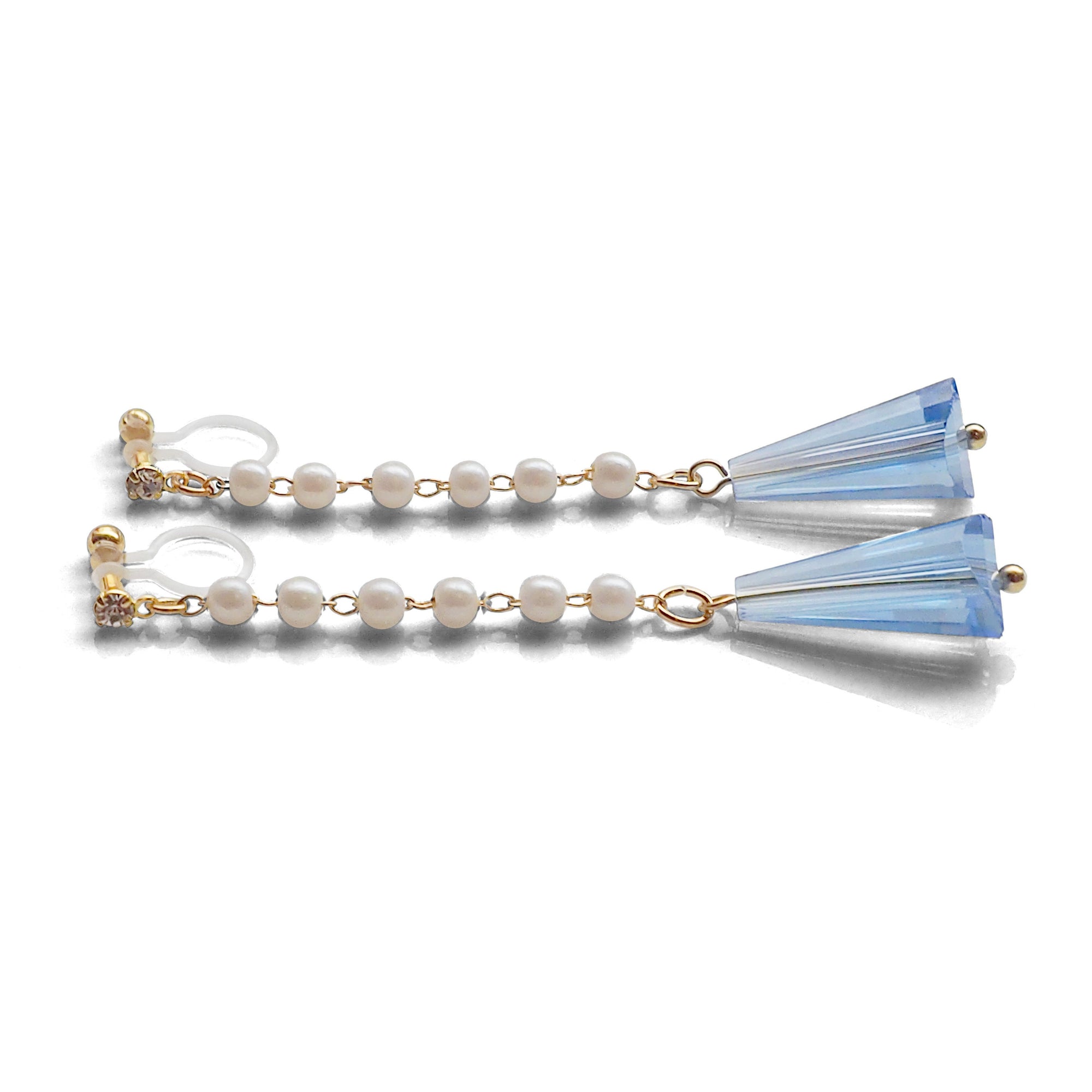 Dangle white pearl with triangle blue crystal invisible clip on earrings - miyabigracejewelry.com