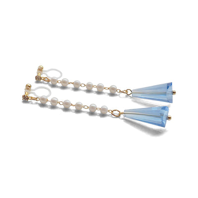 Dangle white pearl with triangle blue crystal invisible clip on earrings - miyabigracejewelry.com
