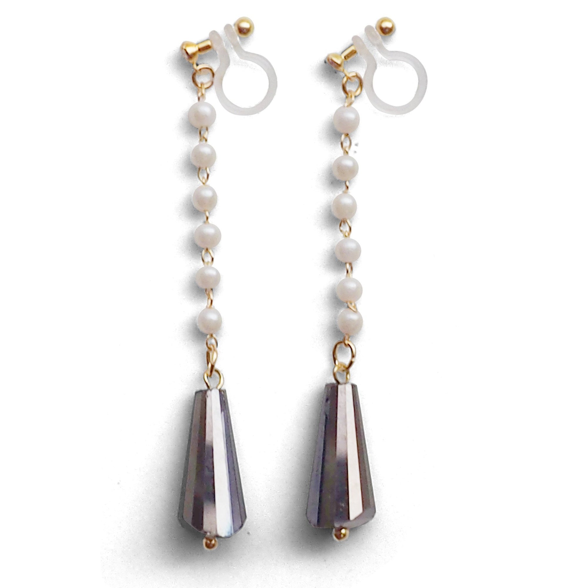 Dangle white pearl with triangle brown crystal invisible clip on earrings - miyabigracejewelry.com