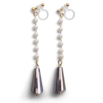 Dangle white pearl with triangle brown crystal invisible clip on earrings - miyabigracejewelry.com