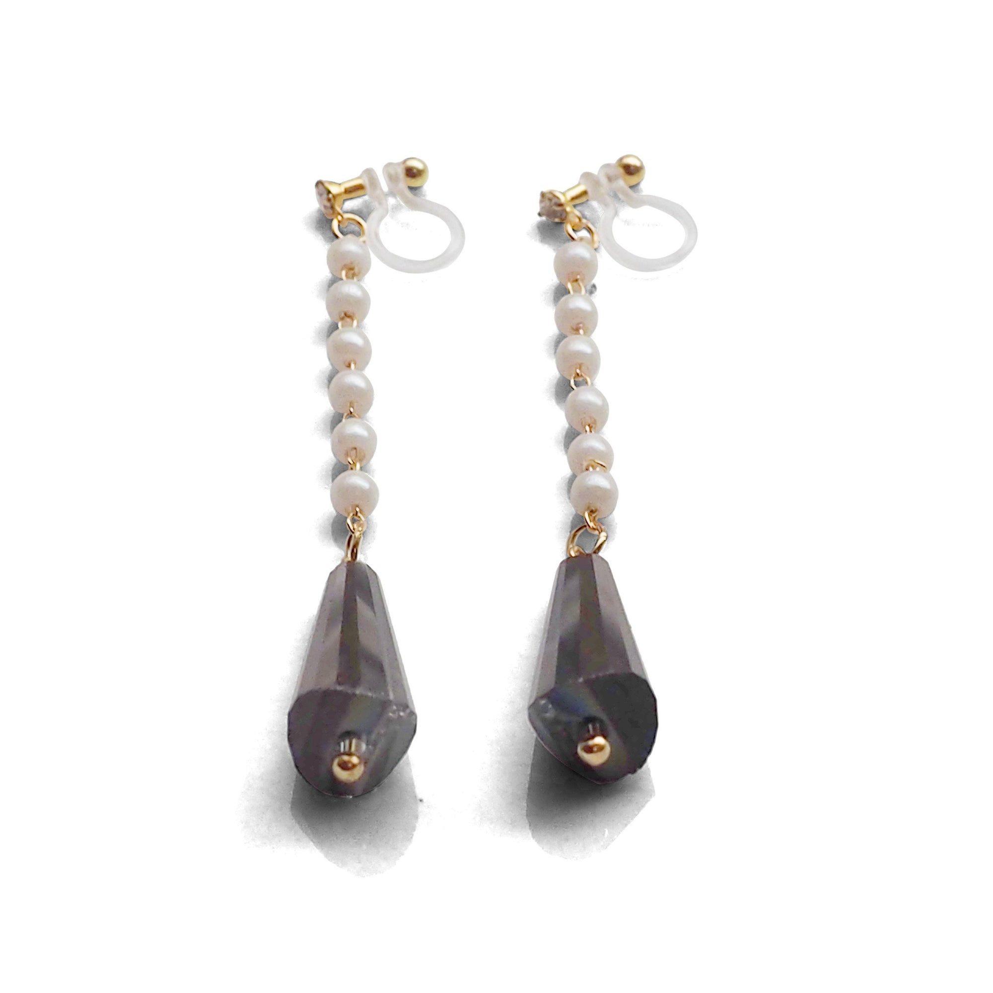 Dangle white pearl with triangle brown crystal invisible clip on earrings - miyabigracejewelry.com