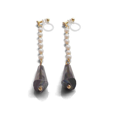 Dangle white pearl with triangle brown crystal invisible clip on earrings - miyabigracejewelry.com