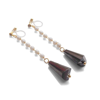 Dangle white pearl with triangle brown crystal invisible clip on earrings - miyabigracejewelry.com