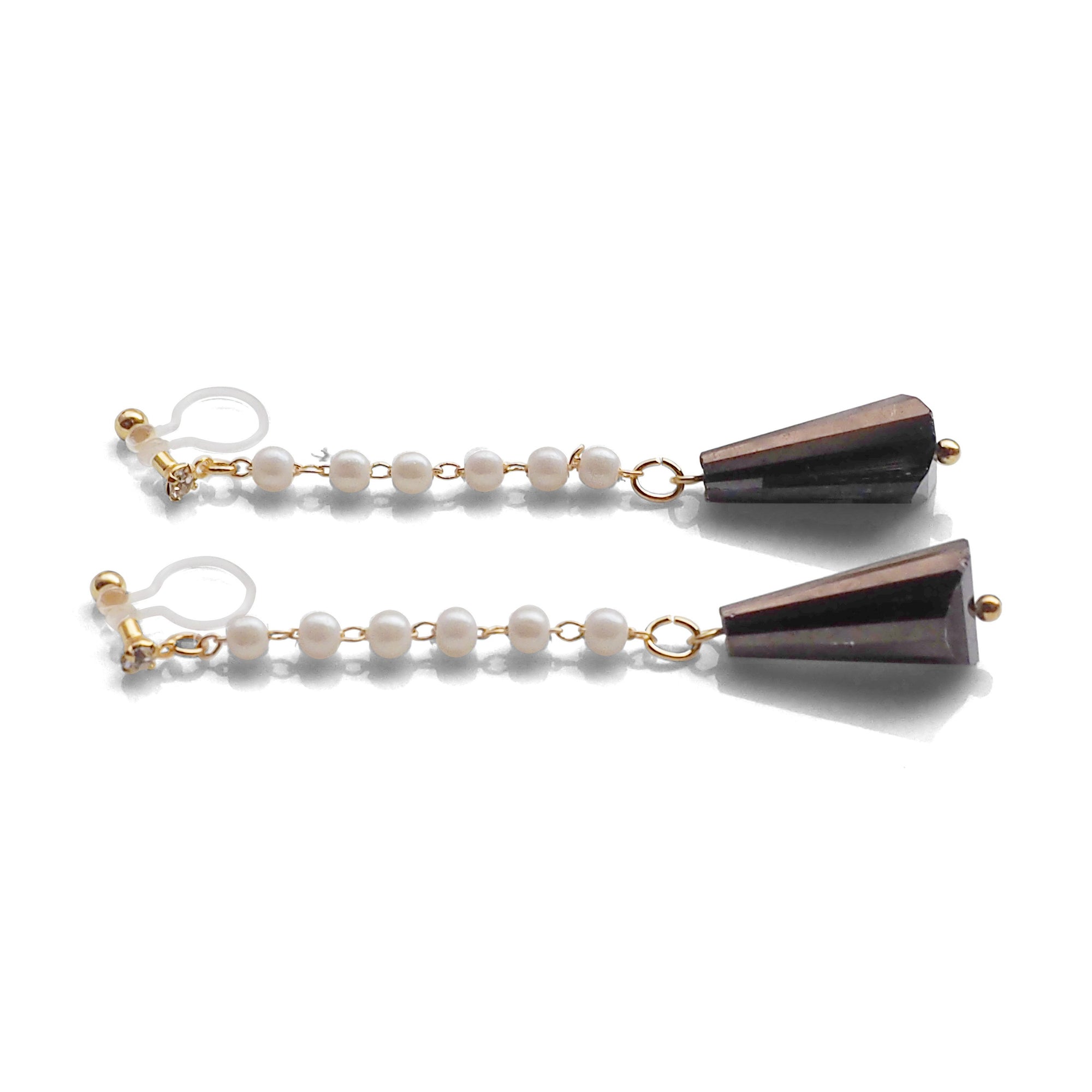 Dangle white pearl with triangle brown crystal invisible clip on earrings - miyabigracejewelry.com