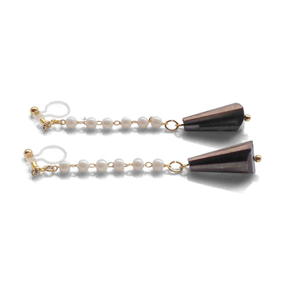 Dangle white pearl with triangle brown crystal invisible clip on earrings - miyabigracejewelry.com