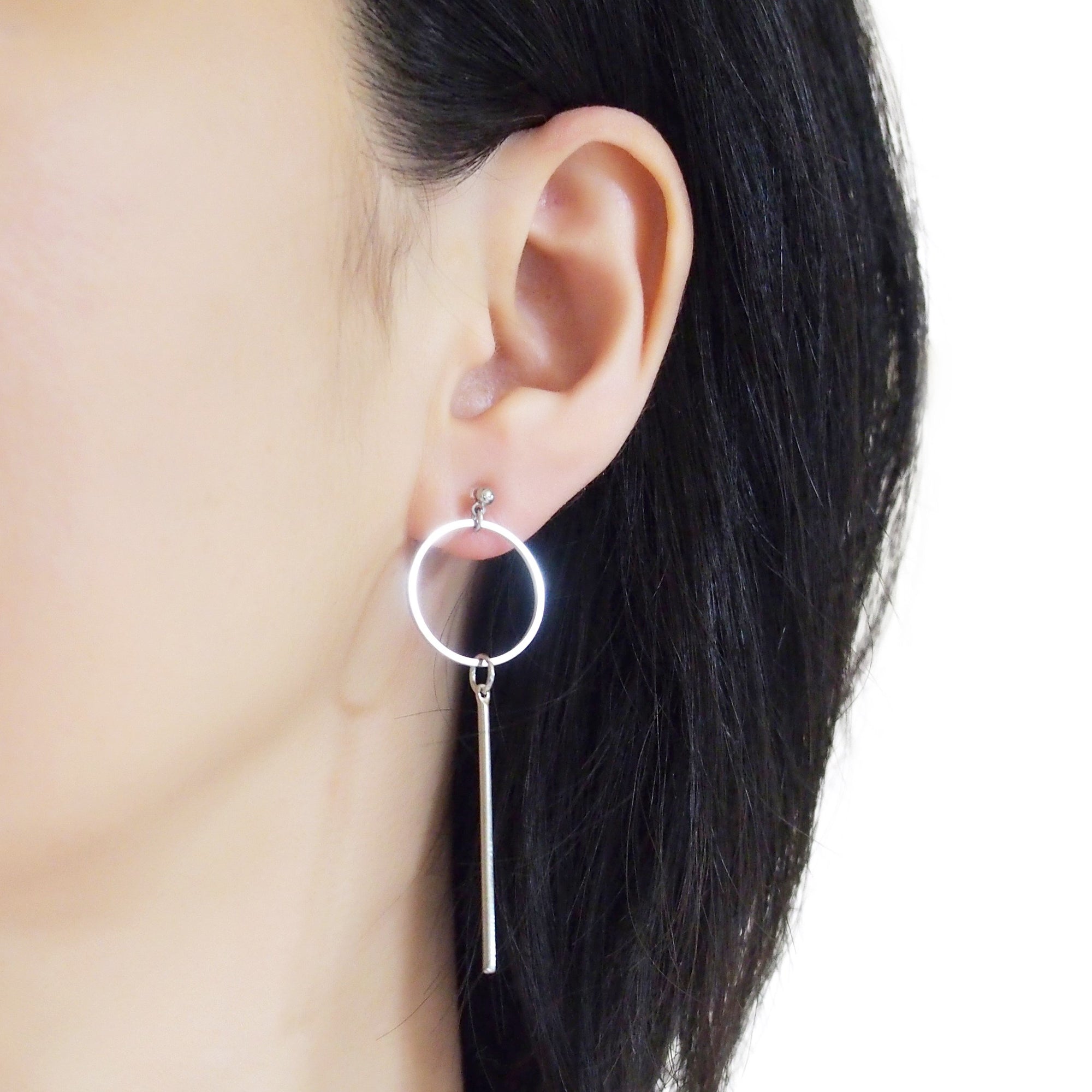 Hoop and Bar Invisible Clip On Earrings ( Silver tone ) - miyabigracejewelry.com