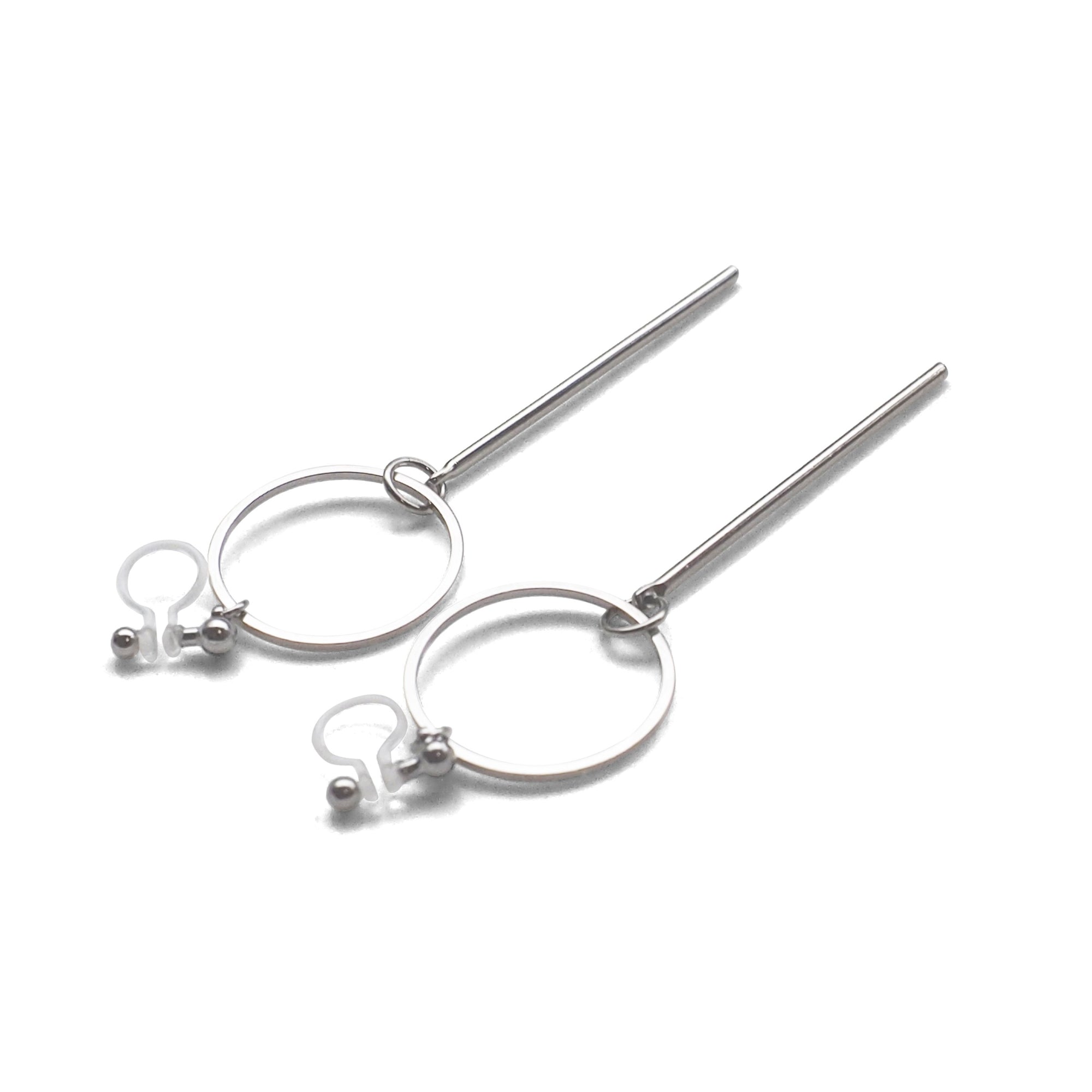 Hoop and Bar Invisible Clip On Earrings ( Silver tone ) - miyabigracejewelry.com