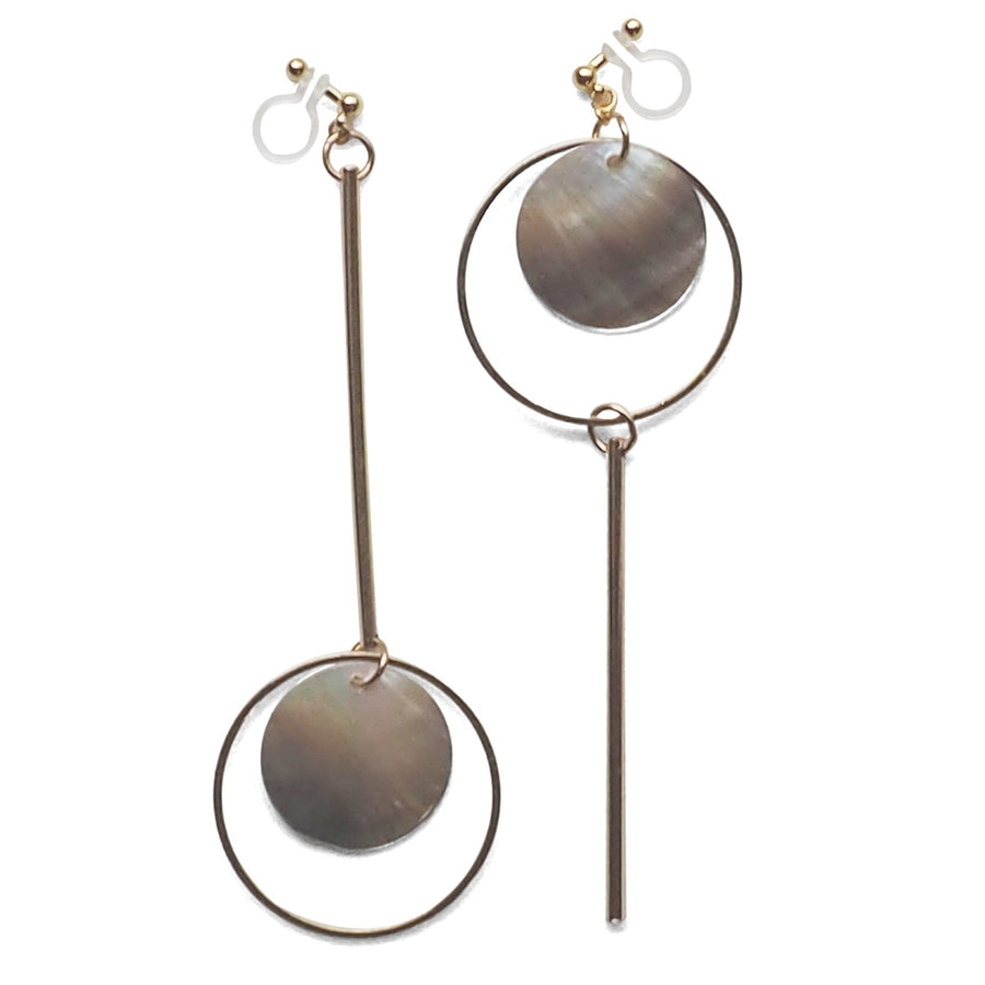 Dangle Asymmetric Brown Shell and Gold tone Hoop Invisible Clip On Earrings - miyabigracejewelry.com