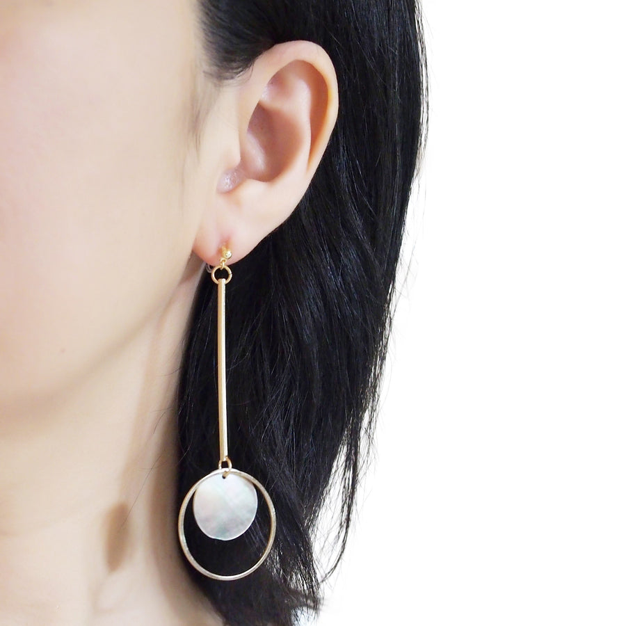Dangle Asymmetric Brown Shell and Gold tone Hoop Invisible Clip On Earrings - miyabigracejewelry.com