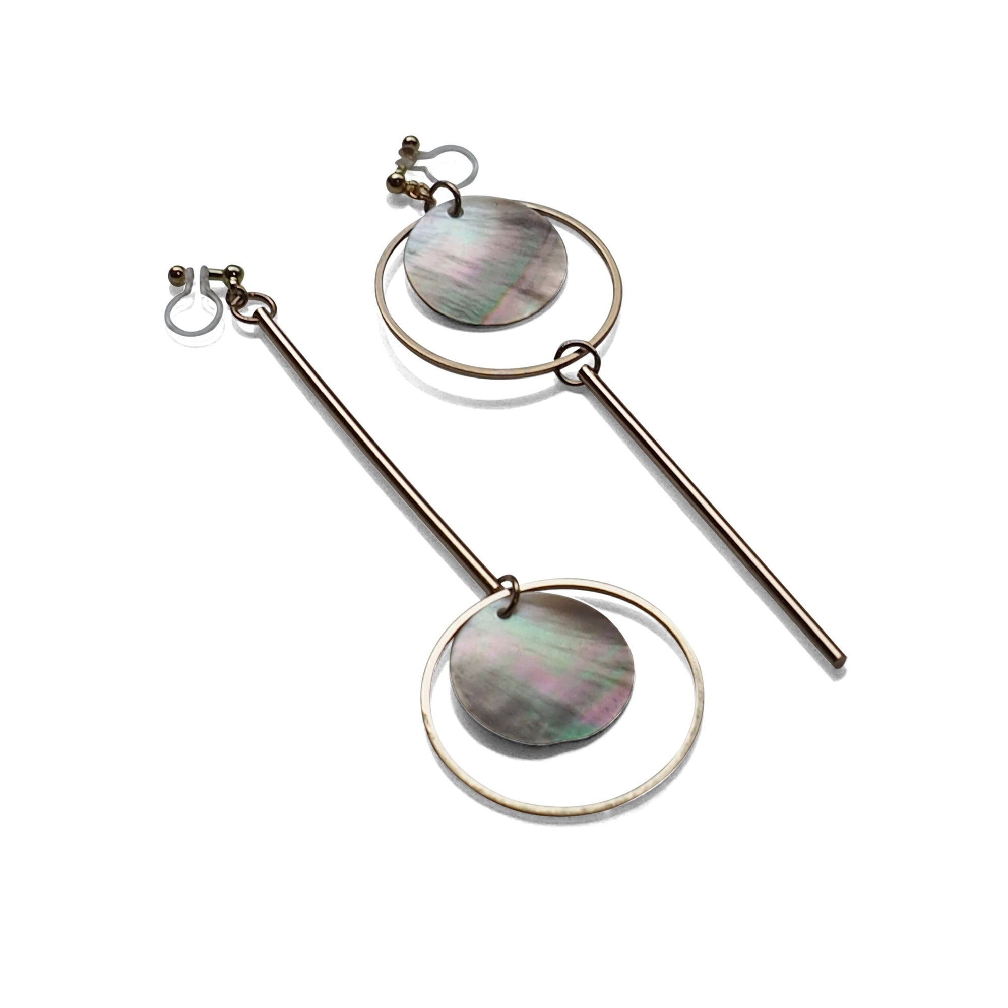Dangle Asymmetric Brown Shell and Gold tone Hoop Invisible Clip On Earrings - miyabigracejewelry.com