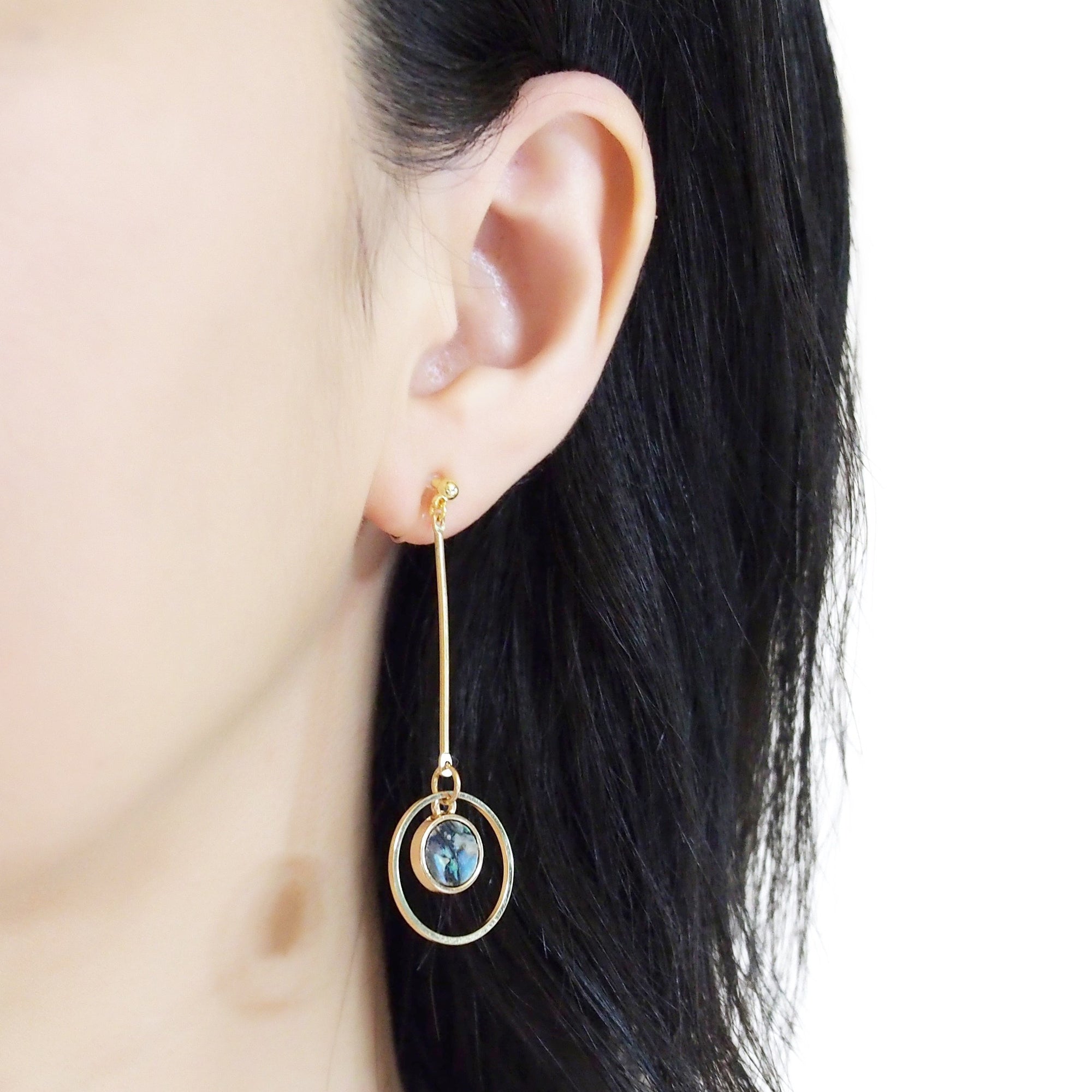 Abalone Shell and Dangle Long Round Hoop Invisible Clip on Earrings - miyabigracejewelry.com