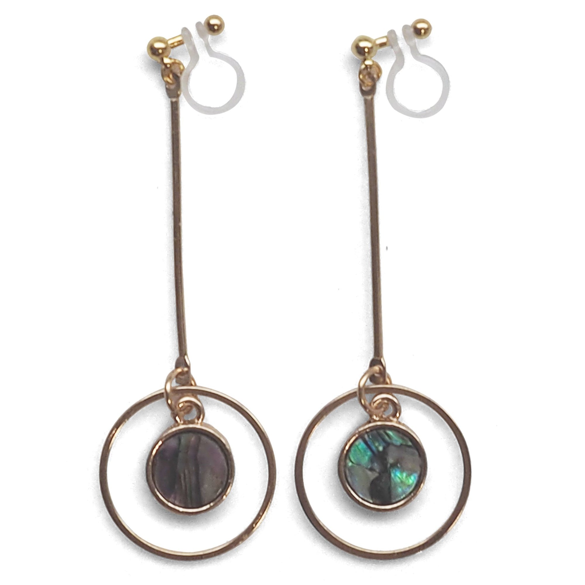 Abalone Shell and Dangle Long Round Hoop Invisible Clip on Earrings - miyabigracejewelry.com