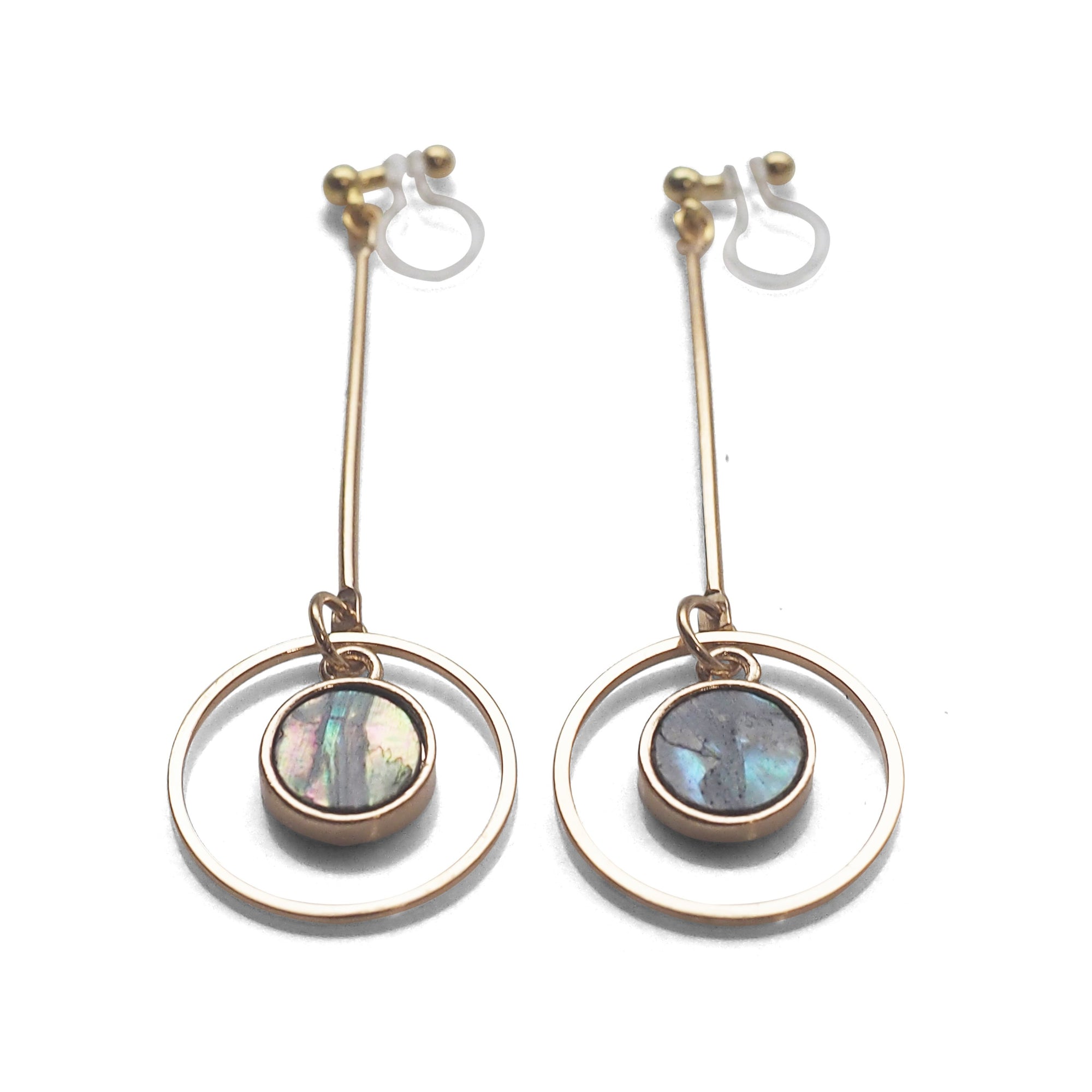 Abalone Shell and Dangle Long Round Hoop Invisible Clip on Earrings - miyabigracejewelry.com