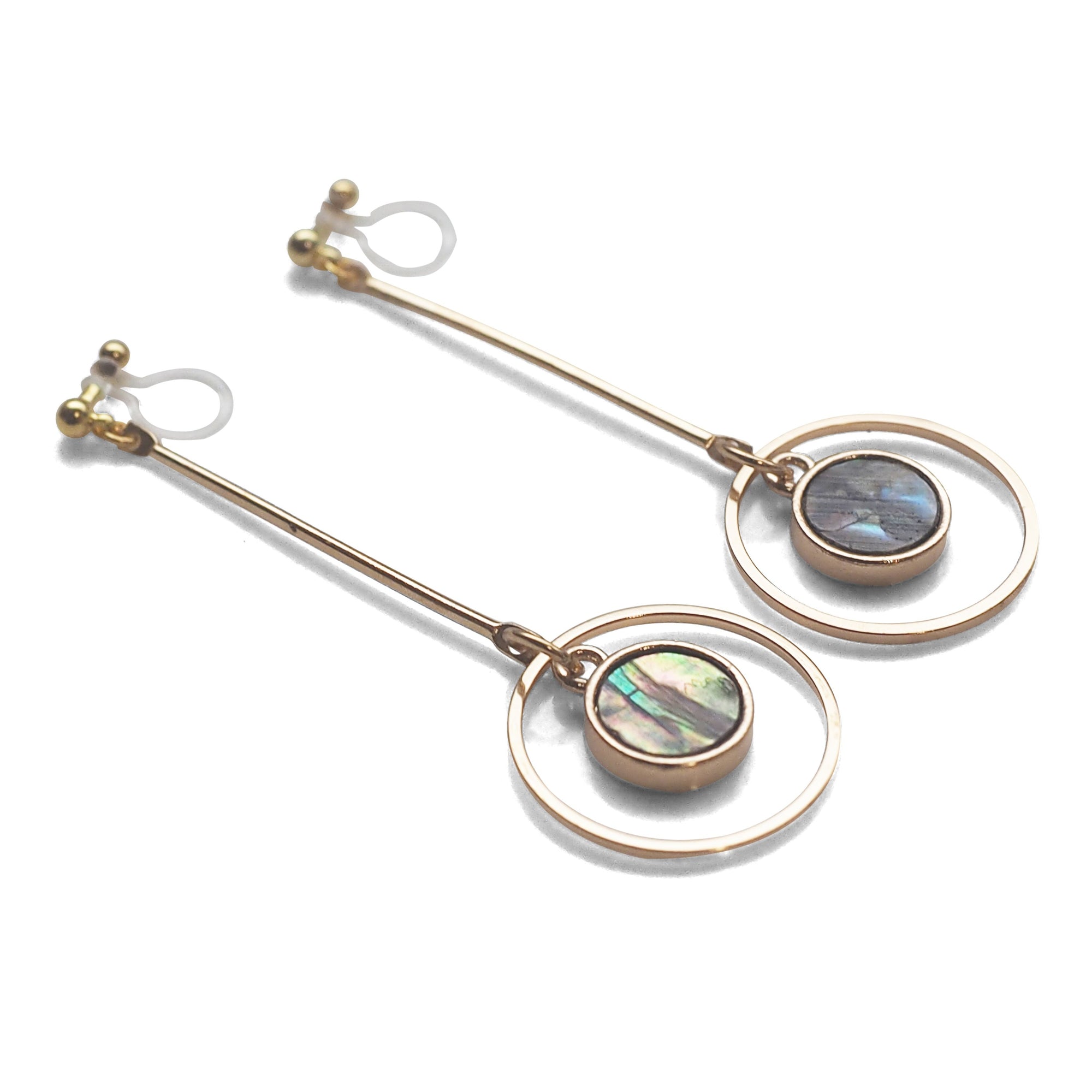 Abalone Shell and Dangle Long Round Hoop Invisible Clip on Earrings - miyabigracejewelry.com