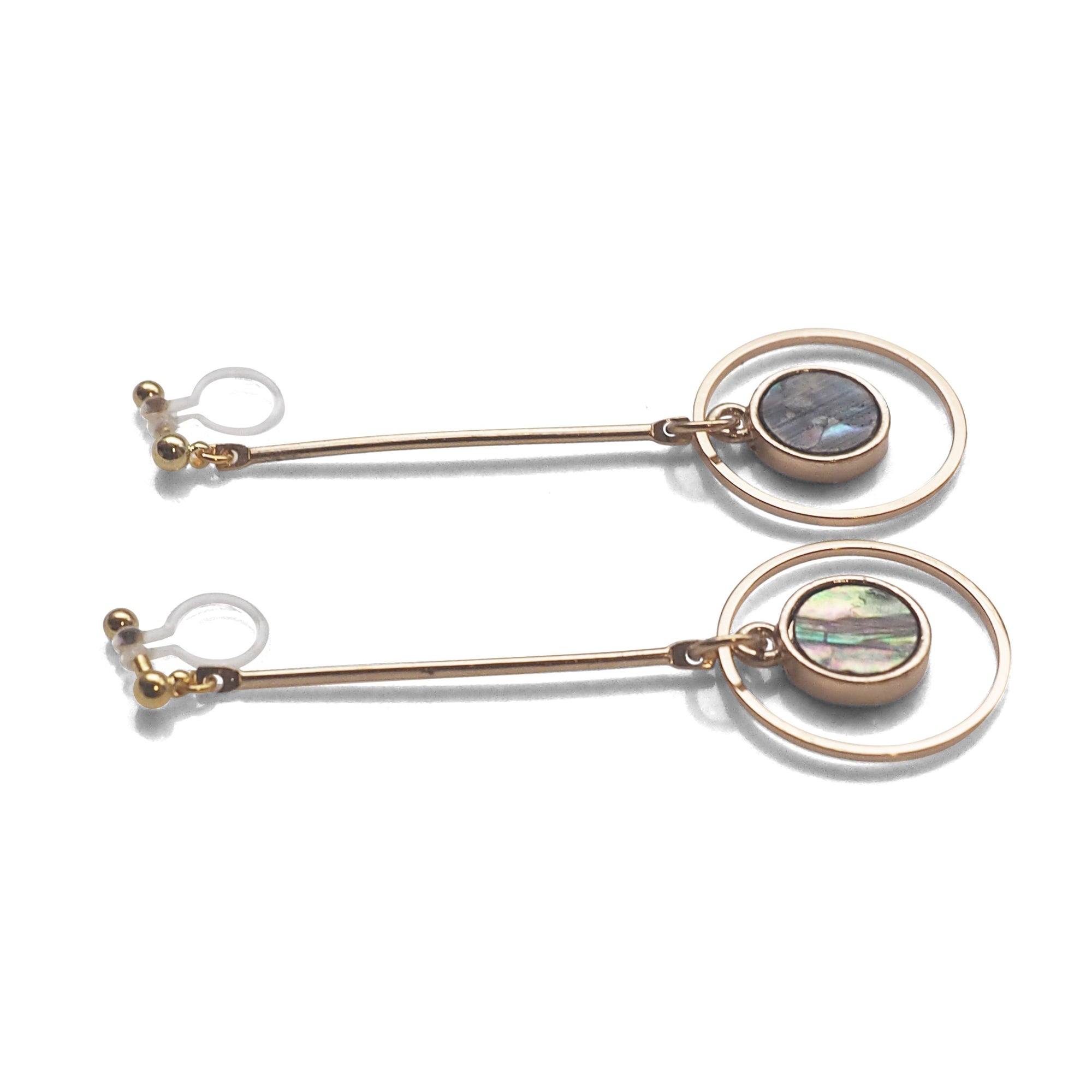 Abalone Shell and Dangle Long Round Hoop Invisible Clip on Earrings - miyabigracejewelry.com