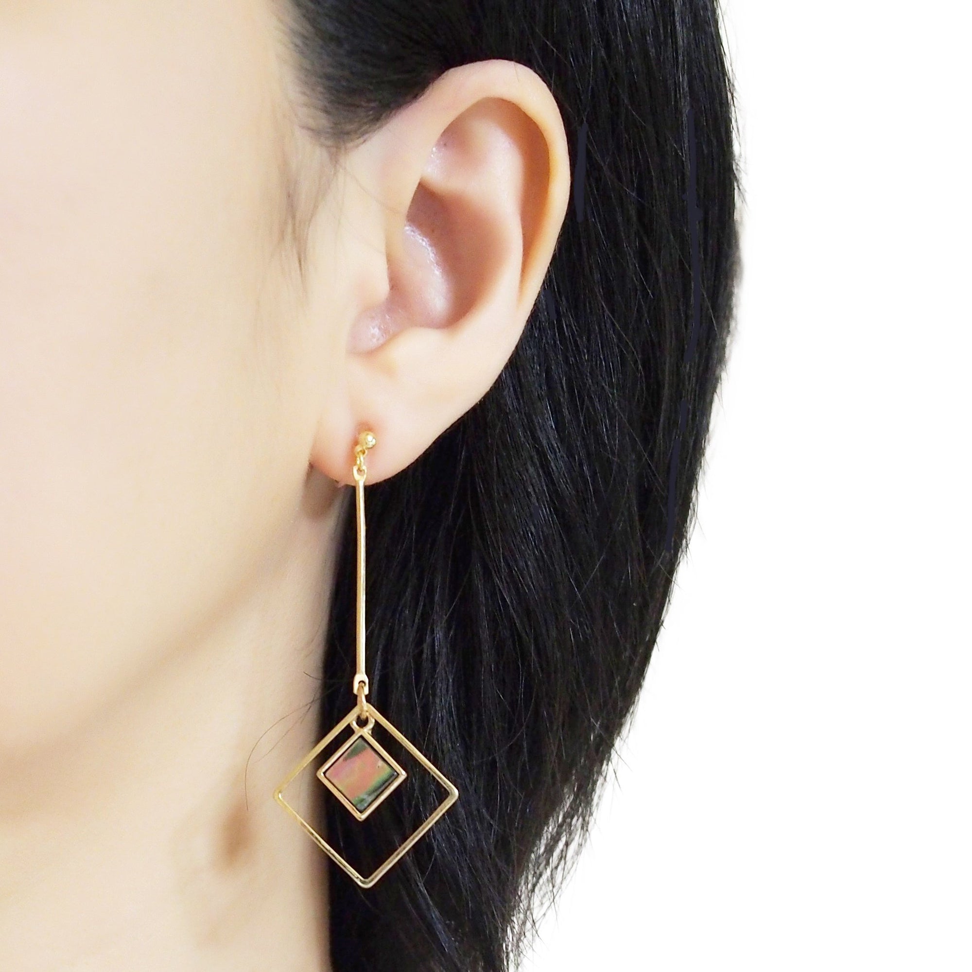 Abalone Shell and Dangle Long Square Hoop Invisible Clip on Earrings - miyabigracejewelry.com