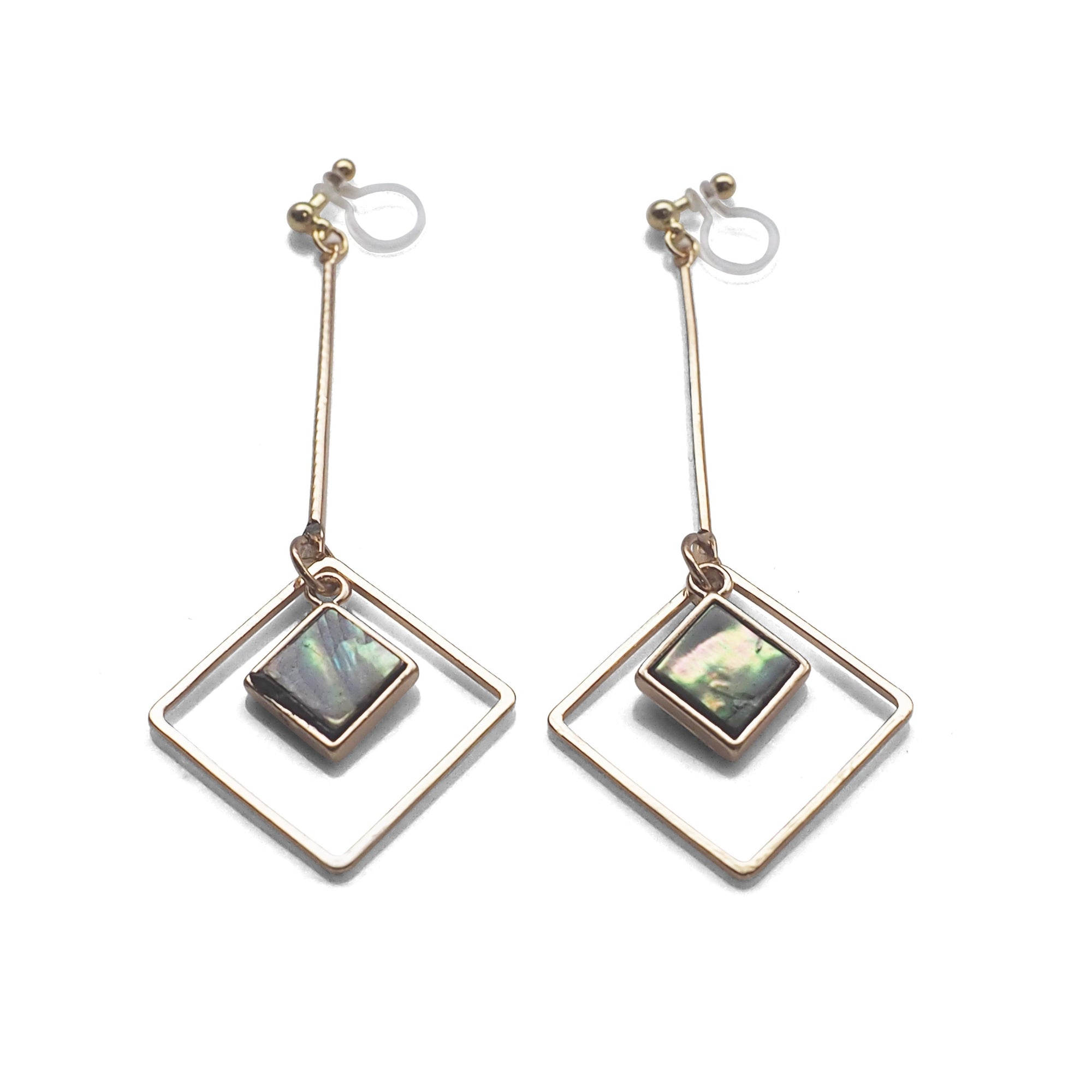Abalone Shell and Dangle Long Square Hoop Invisible Clip on Earrings - miyabigracejewelry.com