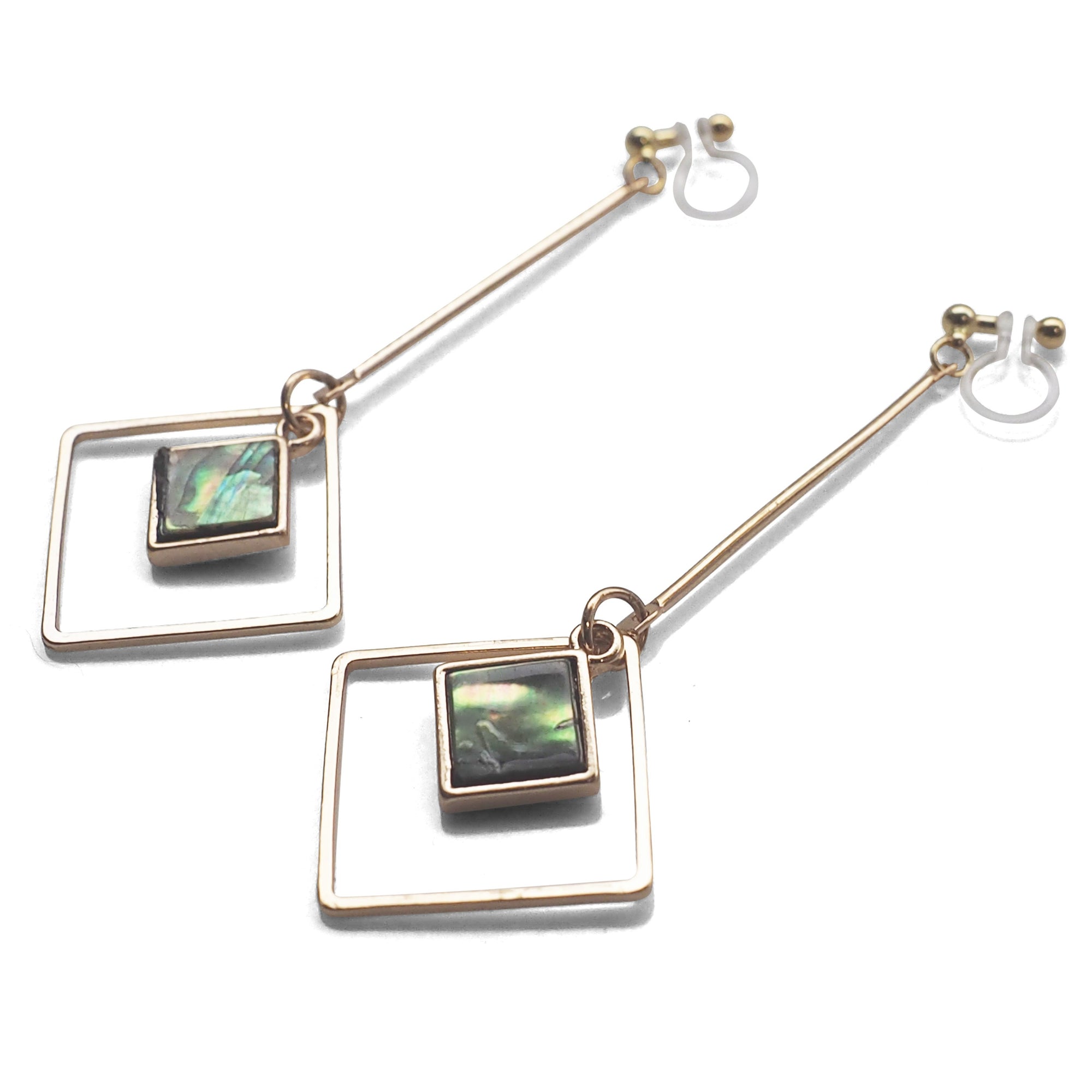 Abalone Shell and Dangle Long Square Hoop Invisible Clip on Earrings - miyabigracejewelry.com