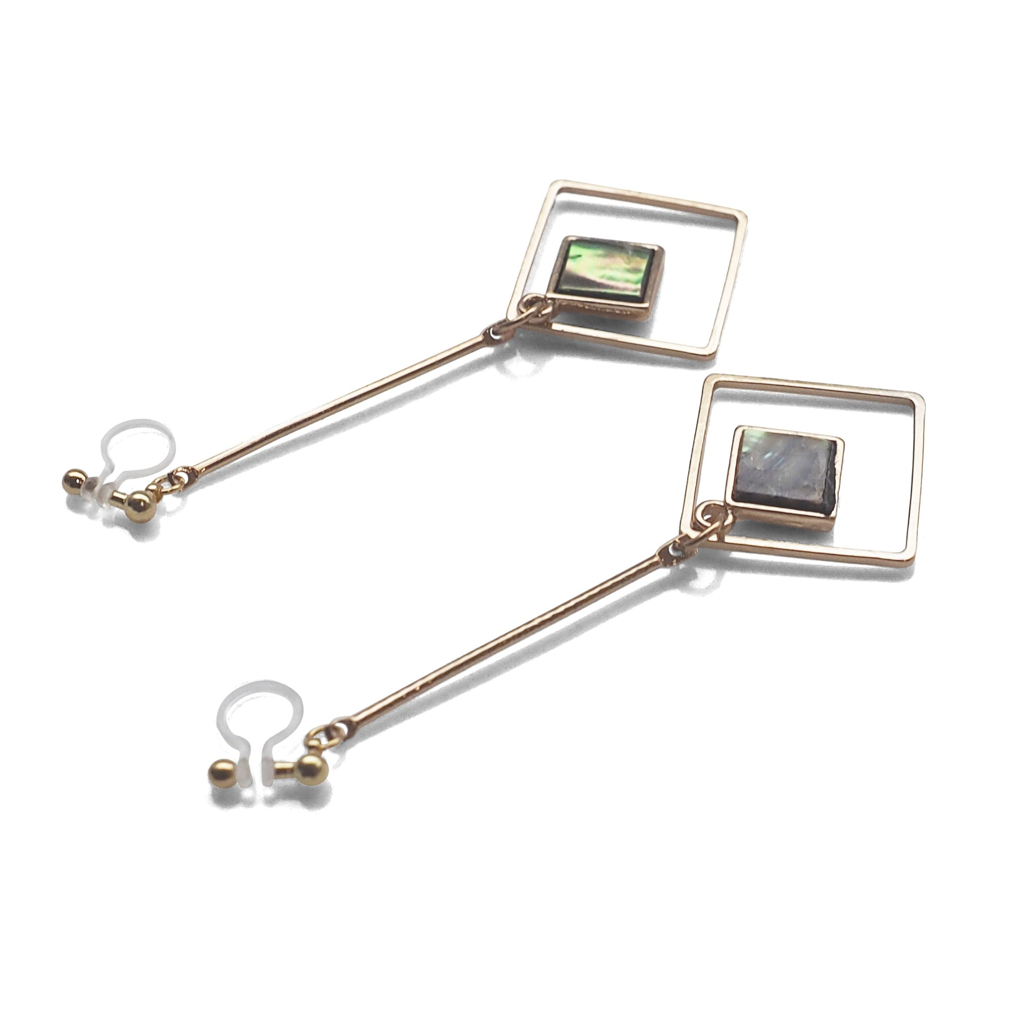 Abalone Shell and Dangle Long Square Hoop Invisible Clip on Earrings - miyabigracejewelry.com
