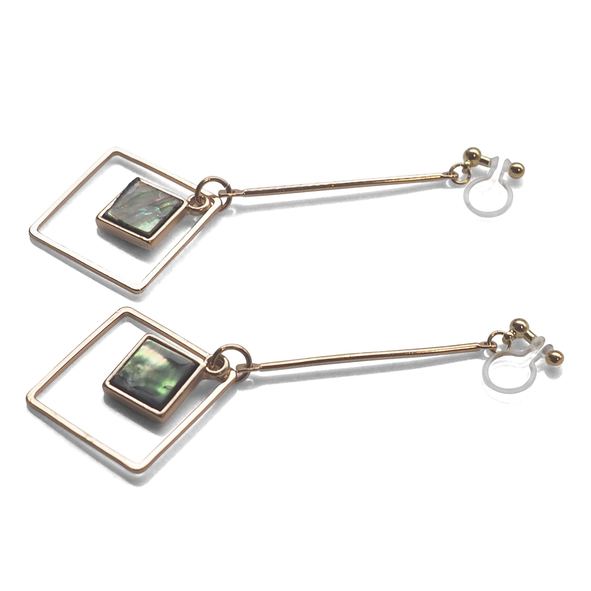 Abalone Shell and Dangle Long Square Hoop Invisible Clip on Earrings - miyabigracejewelry.com