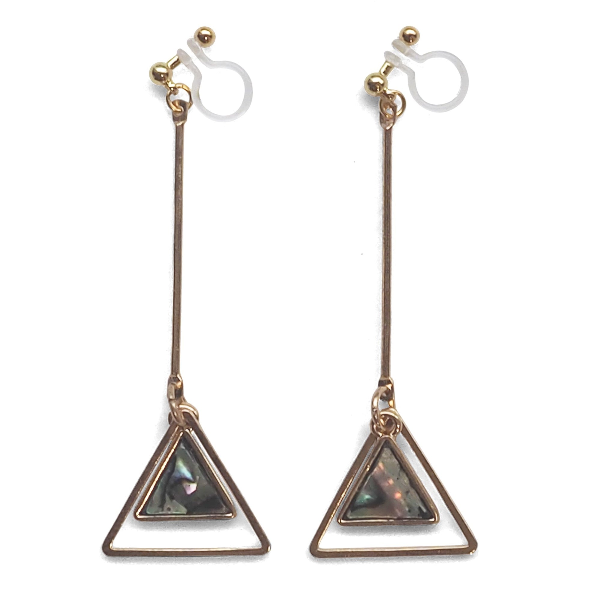 Abalone Shell and Dangle Long Triangle Hoop Invisible Clip on Earrings - miyabigracejewelry.com