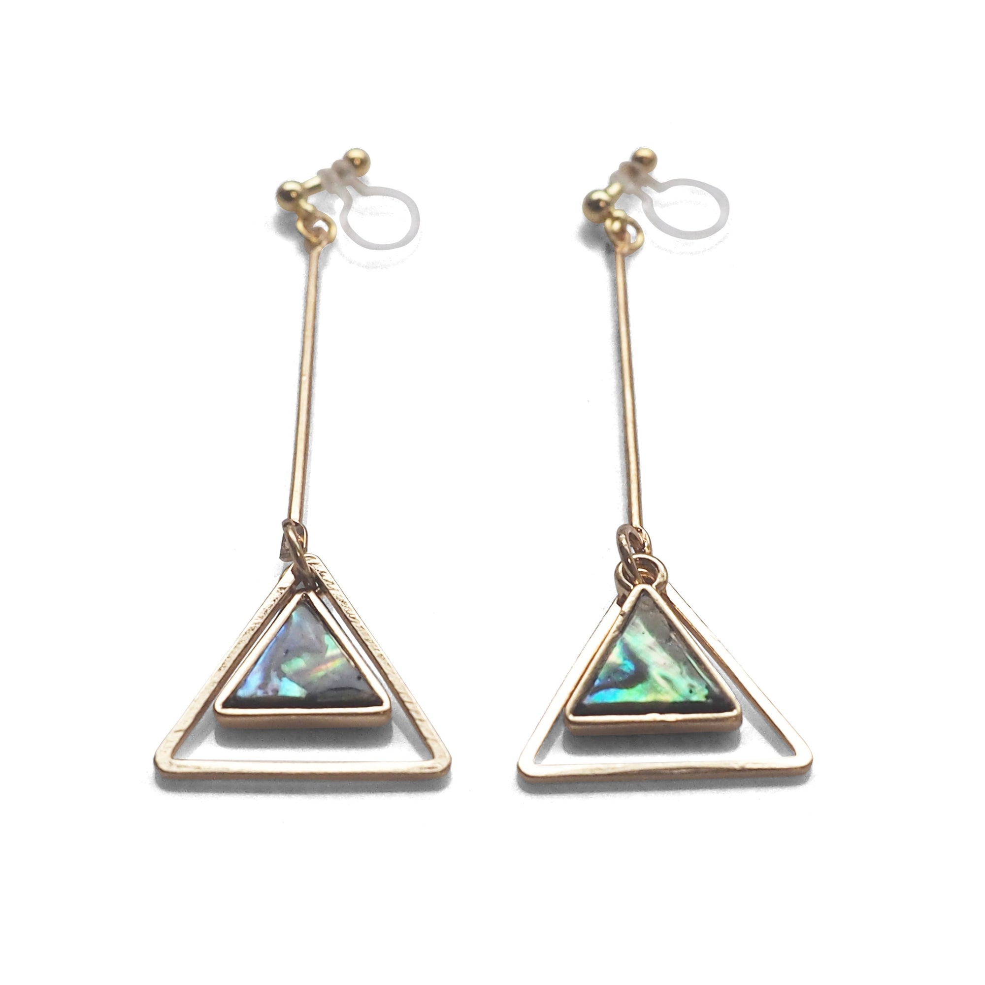 Abalone Shell and Dangle Long Triangle Hoop Invisible Clip on Earrings - miyabigracejewelry.com
