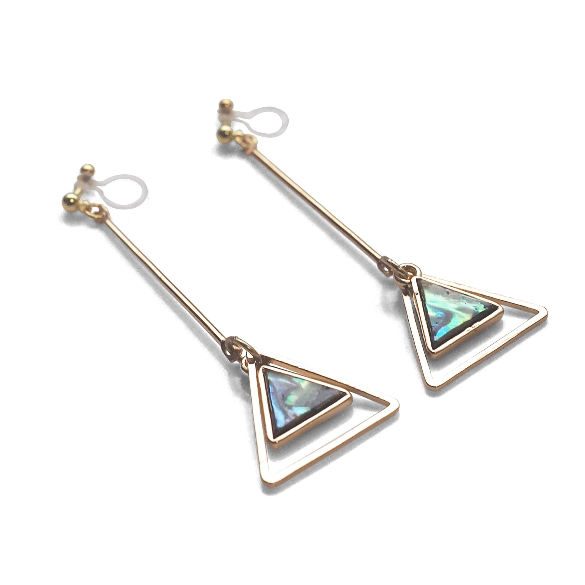 Abalone Shell and Dangle Long Triangle Hoop Invisible Clip on Earrings - miyabigracejewelry.com
