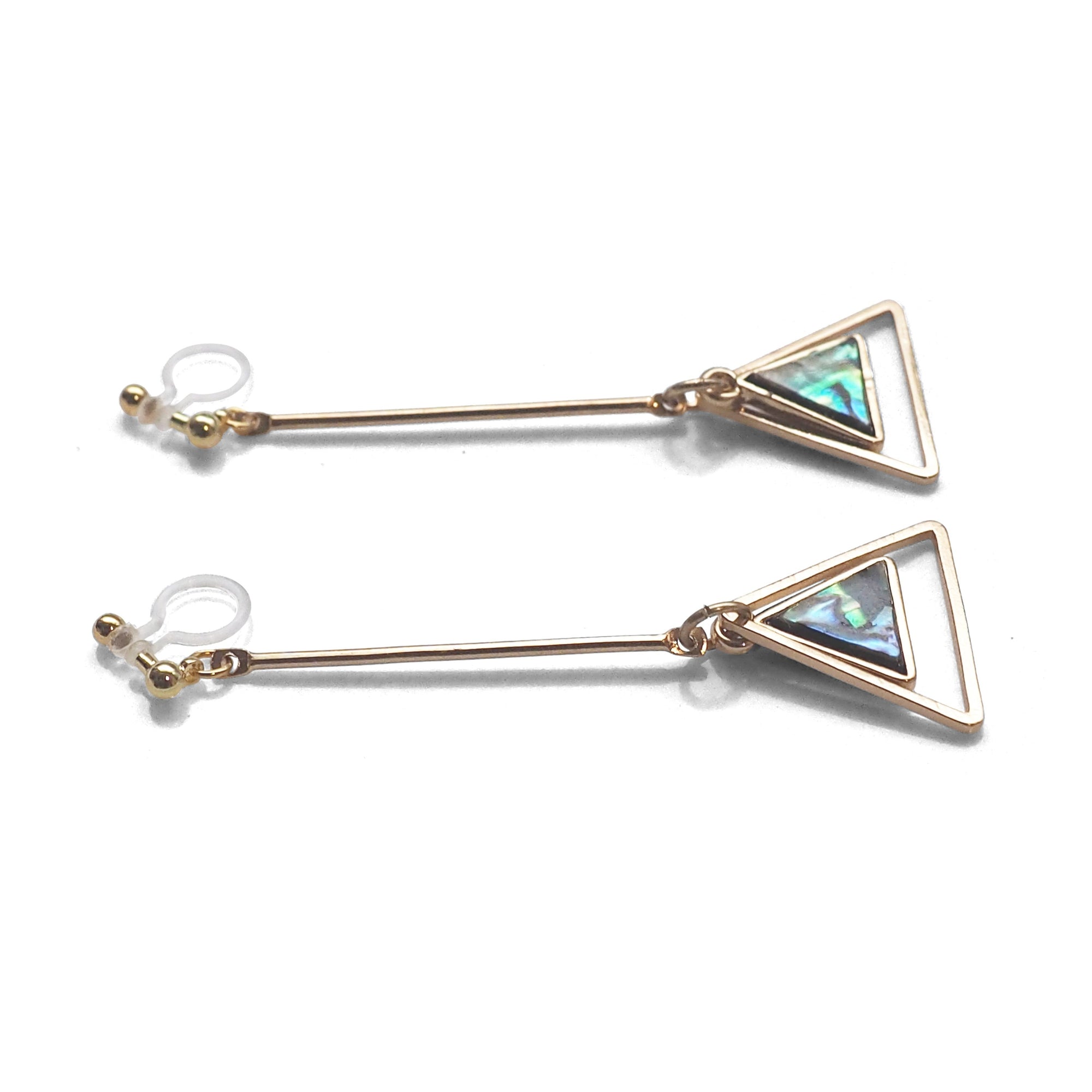 Abalone Shell and Dangle Long Triangle Hoop Invisible Clip on Earrings - miyabigracejewelry.com
