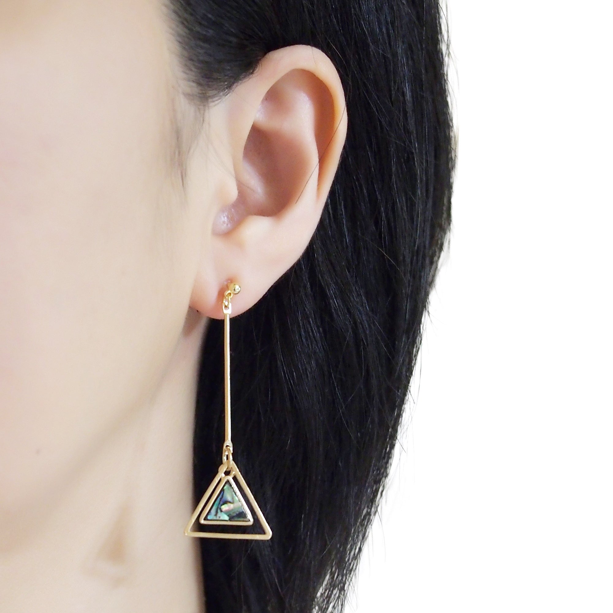 Abalone Shell and Dangle Long Triangle Hoop Invisible Clip on Earrings - miyabigracejewelry.com