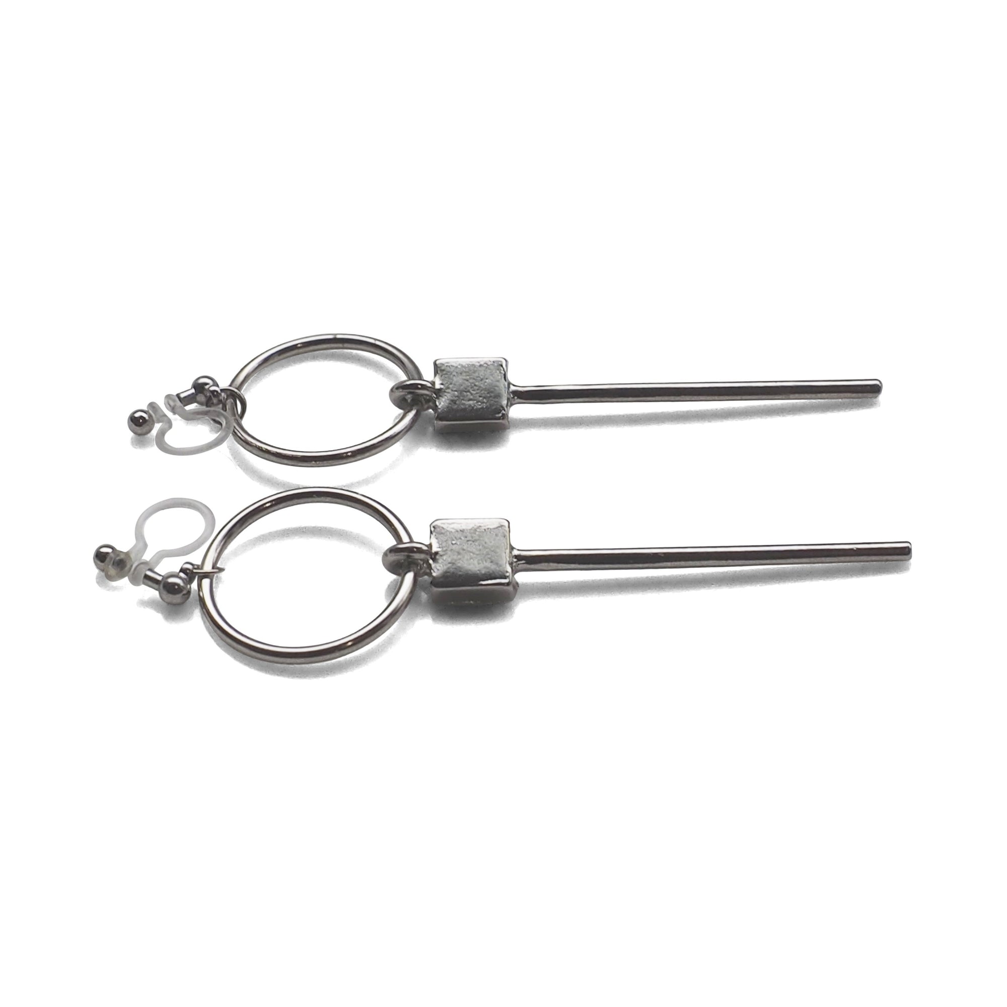 Hoop and Bar Invisible Clip On Earrings ( Silver tone ) - miyabigracejewelry.com