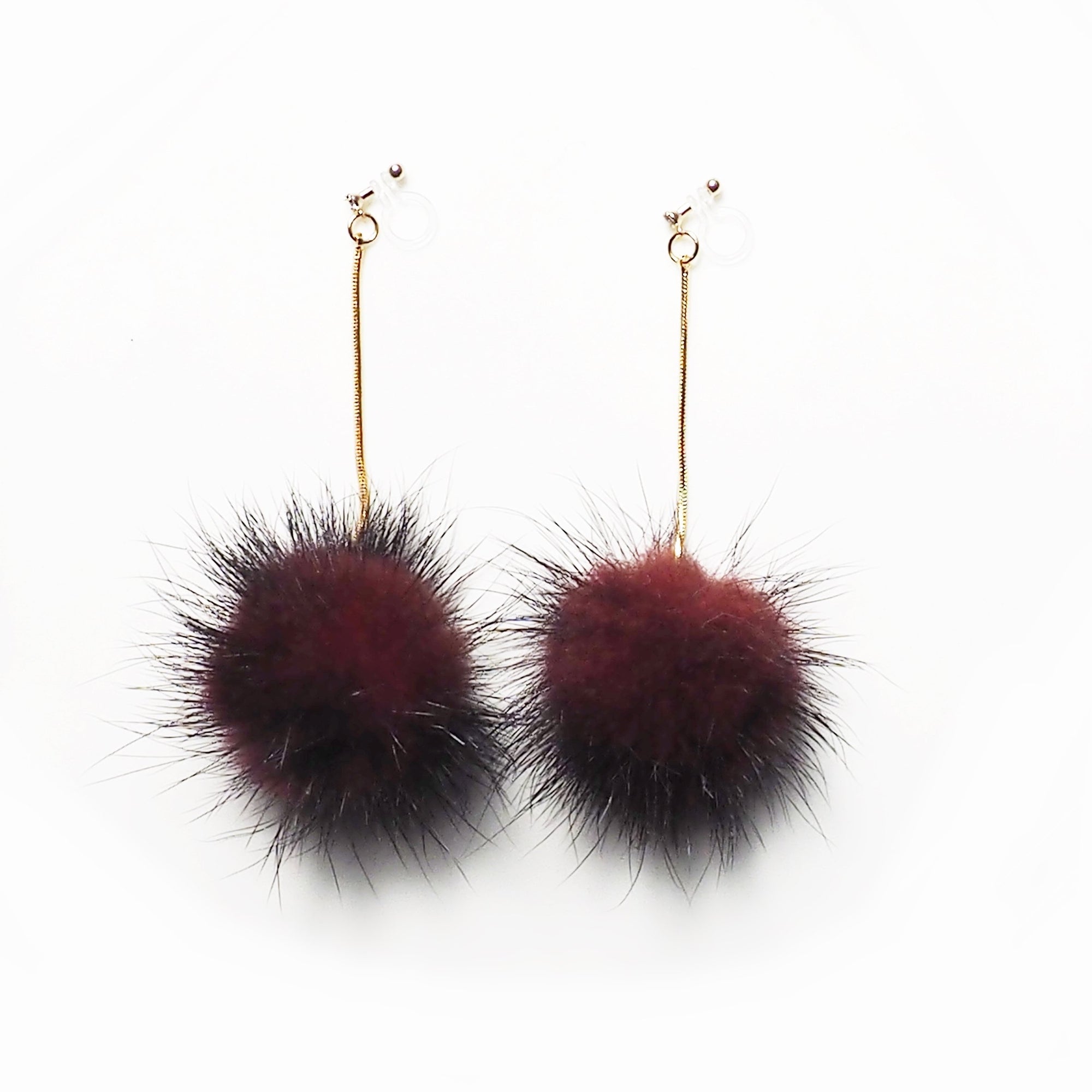 Burgundy Mink Fur Pom Pom Invisible Clip On Earrings - miyabigracejewelry.com