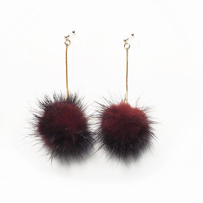Burgundy Mink Fur Pom Pom Invisible Clip On Earrings - miyabigracejewelry.com