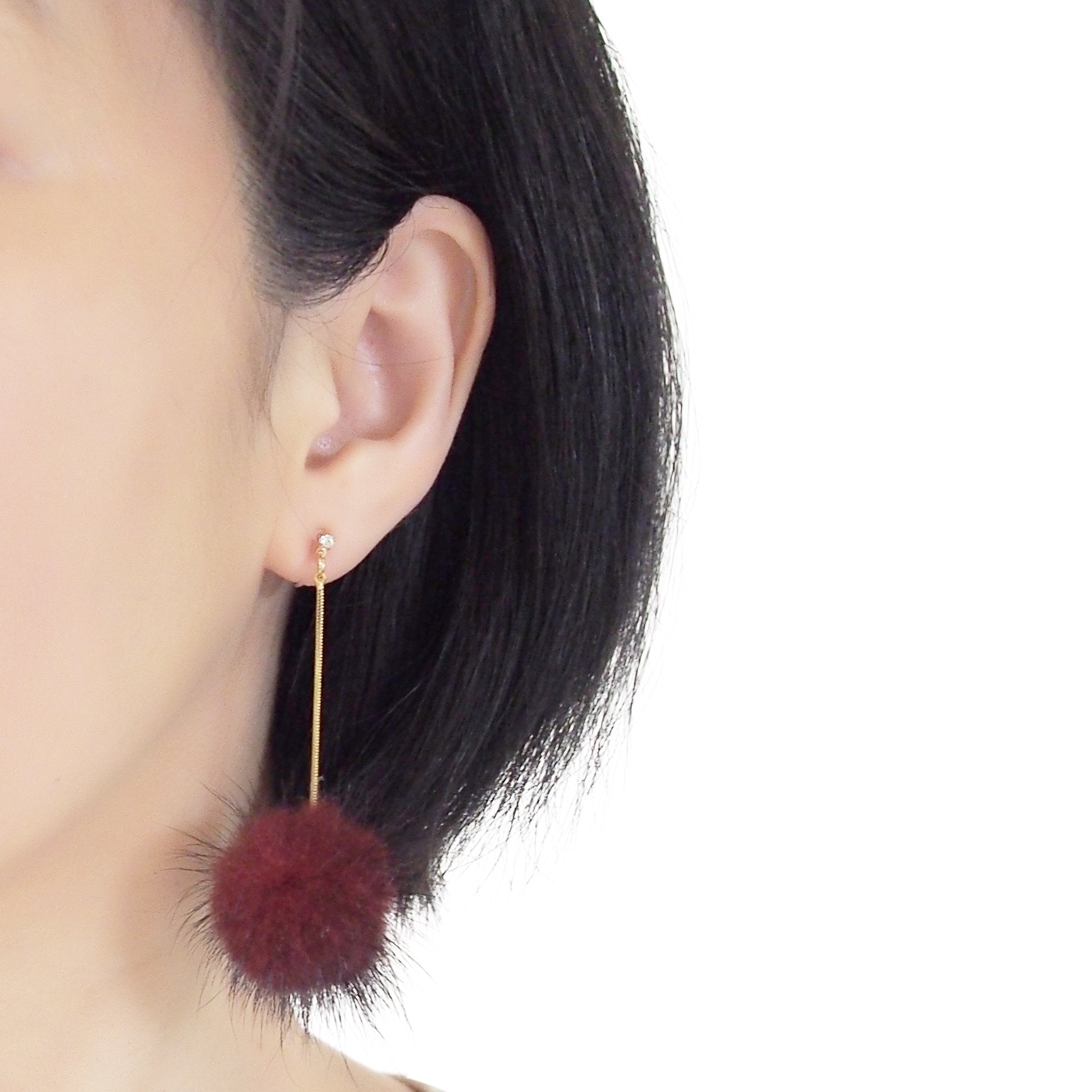 Burgundy Mink Fur Pom Pom Invisible Clip On Earrings - miyabigracejewelry.com