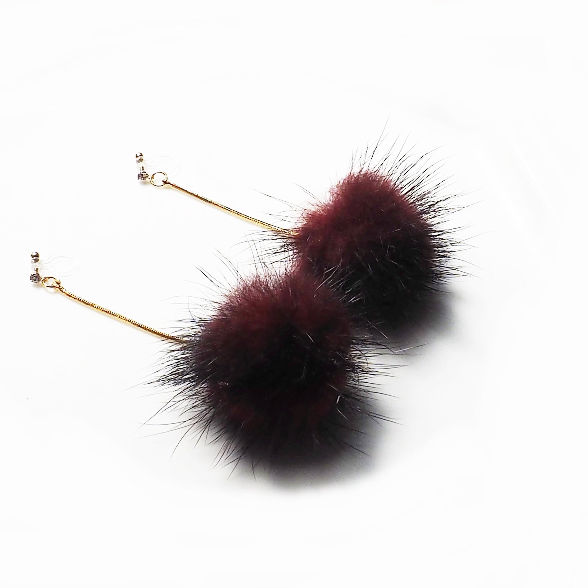 Burgundy Mink Fur Pom Pom Invisible Clip On Earrings - miyabigracejewelry.com