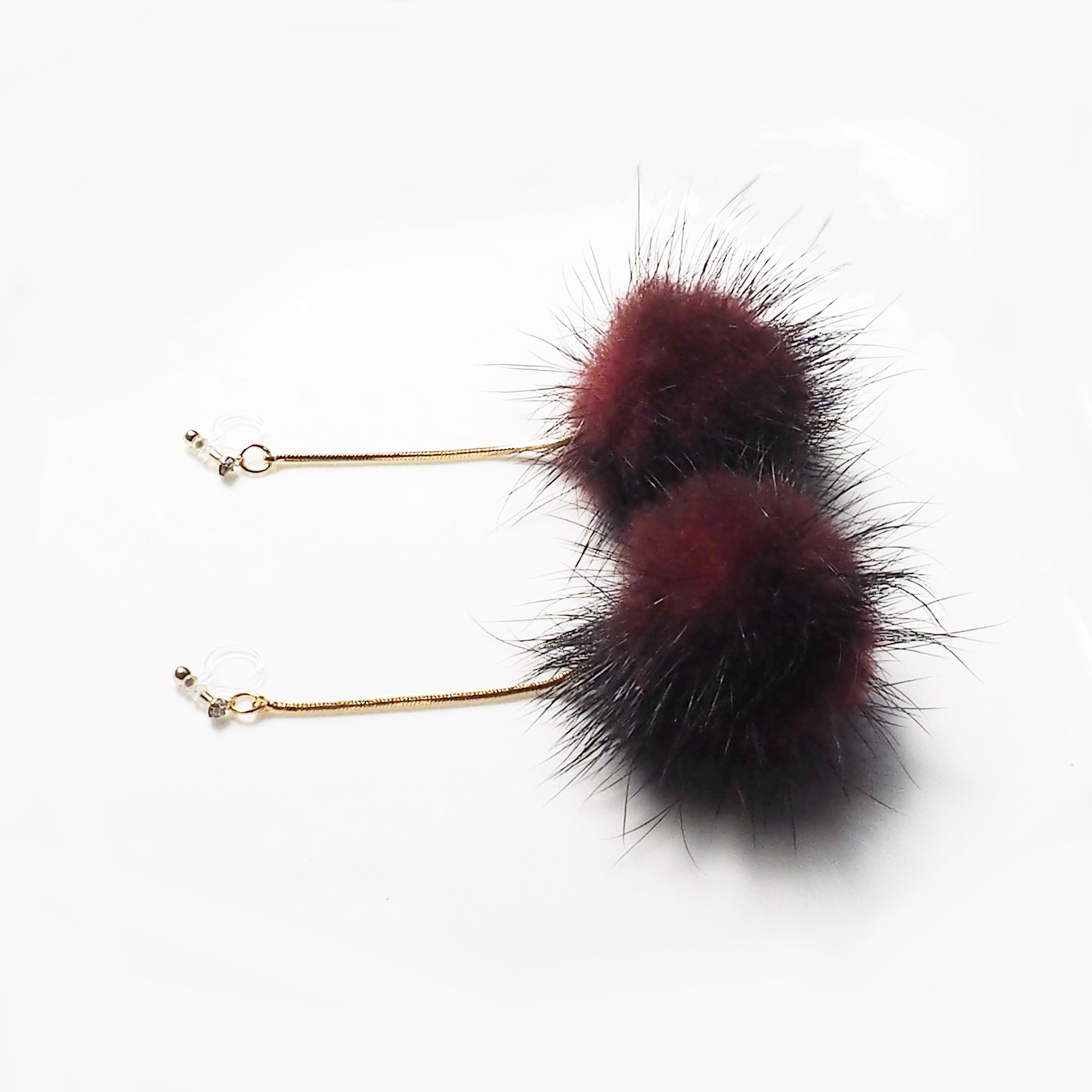 Burgundy Mink Fur Pom Pom Invisible Clip On Earrings - miyabigracejewelry.com
