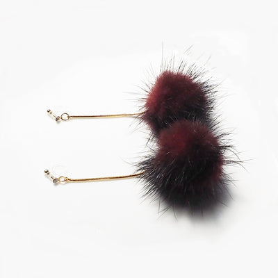 Burgundy Mink Fur Pom Pom Invisible Clip On Earrings - miyabigracejewelry.com