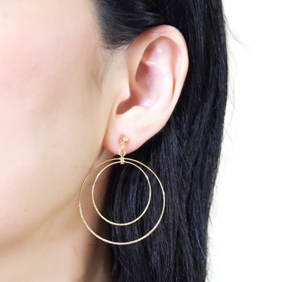 Dangle Gold Double Circle Hoop Invisible Clip on Earrings - miyabigracejewelry.com