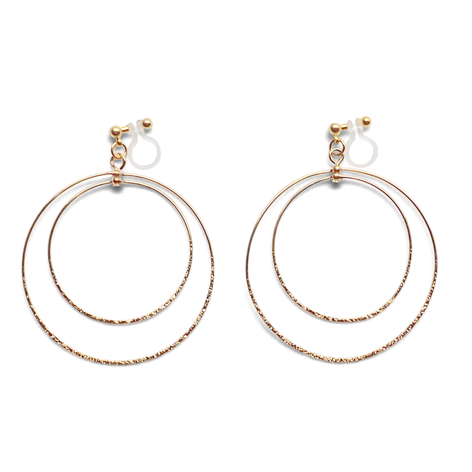 Dangle Gold Double Circle Hoop Invisible Clip on Earrings - miyabigracejewelry.com