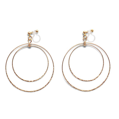 Dangle Gold Double Circle Hoop Invisible Clip on Earrings - miyabigracejewelry.com
