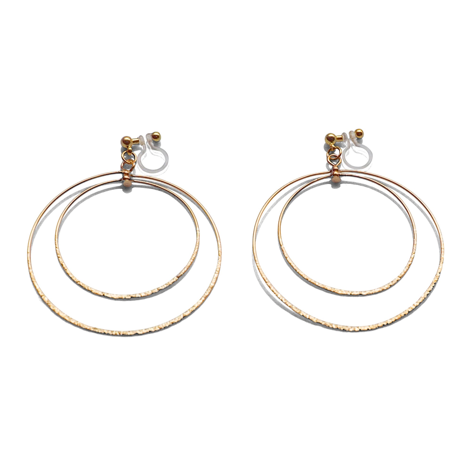 Dangle Gold Double Circle Hoop Invisible Clip on Earrings - miyabigracejewelry.com