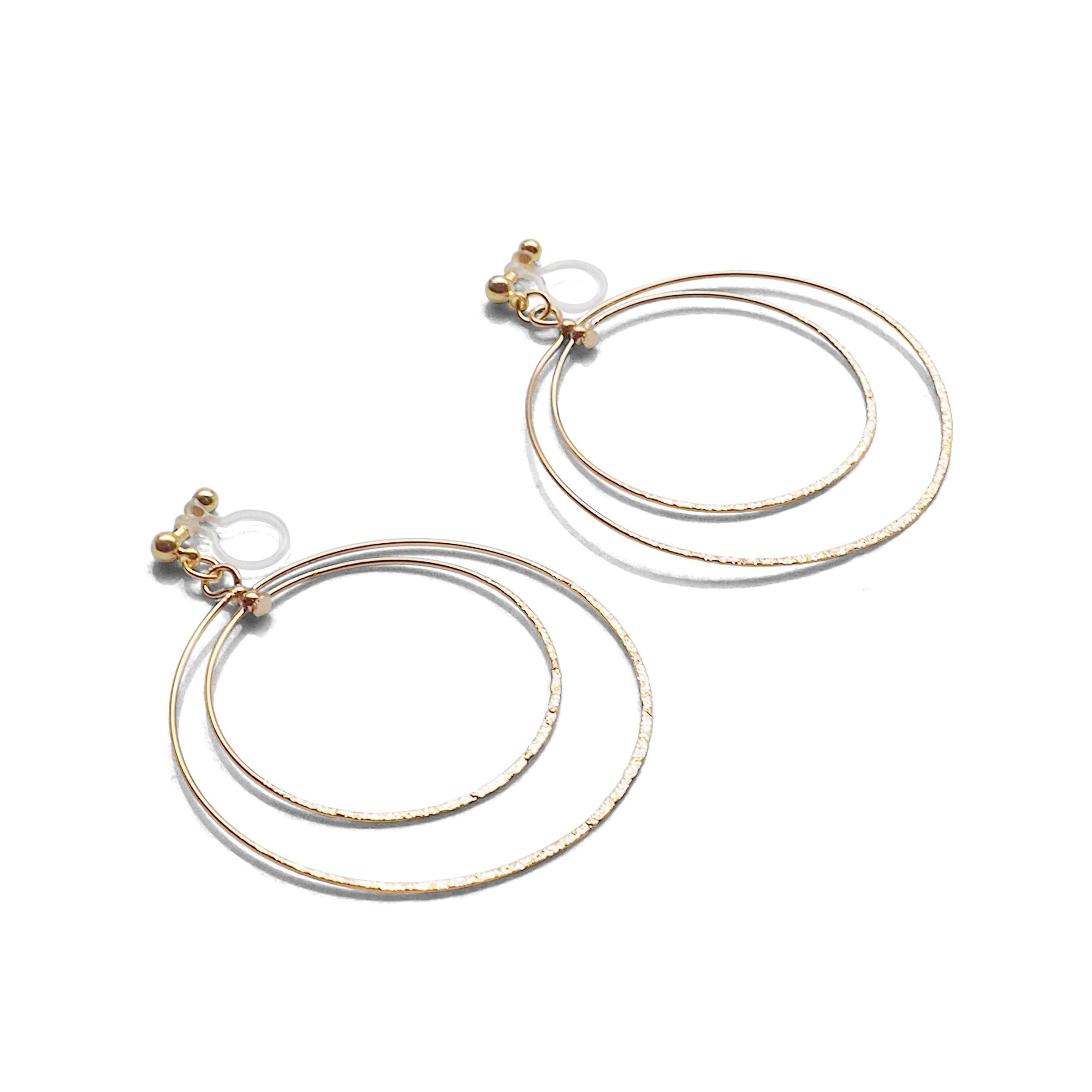 Dangle Gold Double Circle Hoop Invisible Clip on Earrings - miyabigracejewelry.com