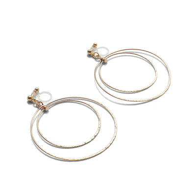 Dangle Gold Double Circle Hoop Invisible Clip on Earrings - miyabigracejewelry.com