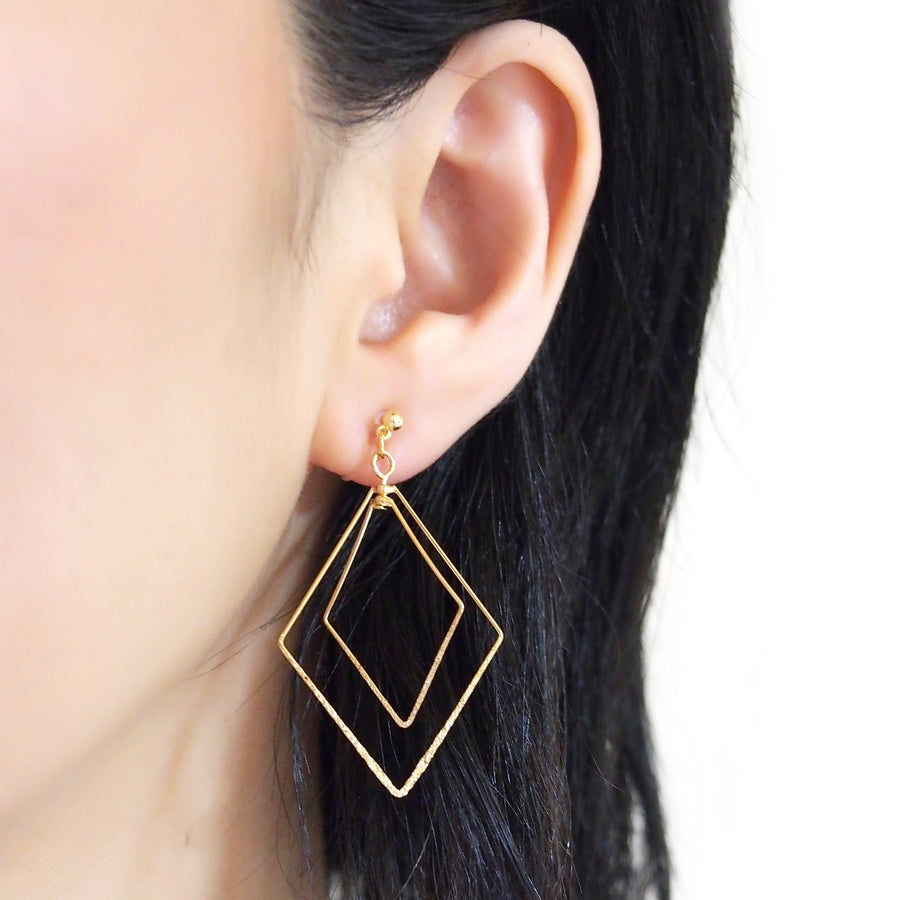 Dangle Gold Double Diamond Hoop Invisible Clip on Earrings - miyabigracejewelry.com