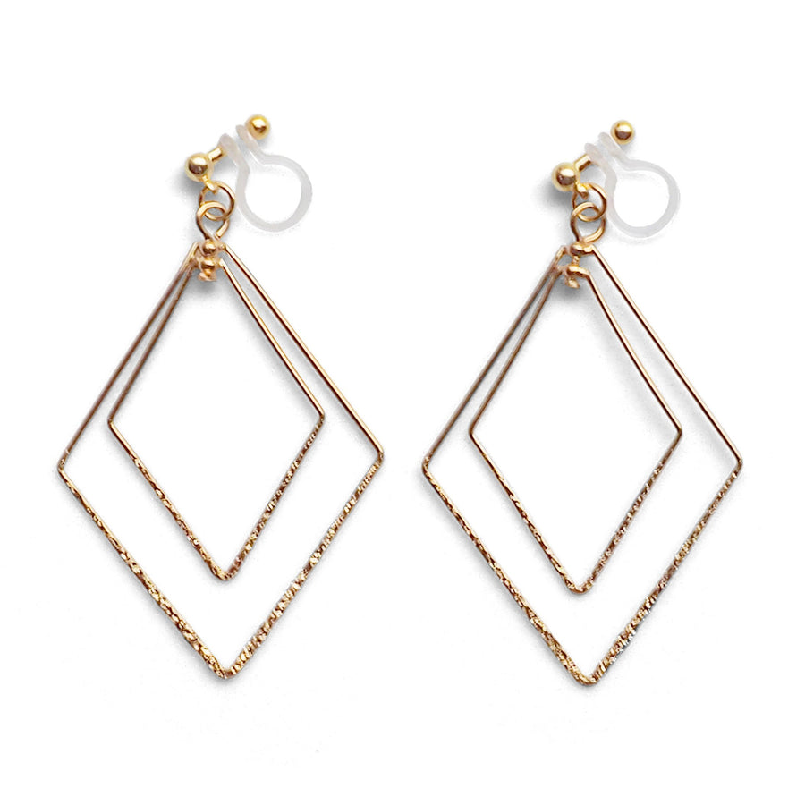 Dangle Gold Double Diamond Hoop Invisible Clip on Earrings - miyabigracejewelry.com